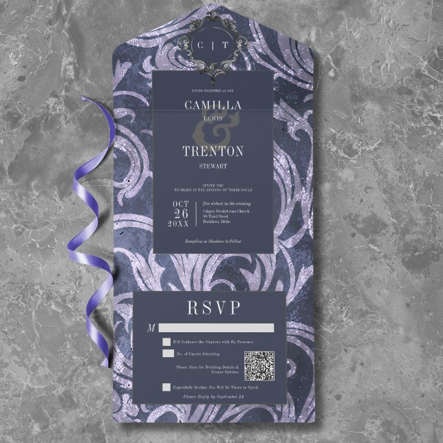 Gothic Antique Lila Damask QR-kod Bröllop (Gothic Antique Purple Damask QR Code Wedding All In One Invitation)
