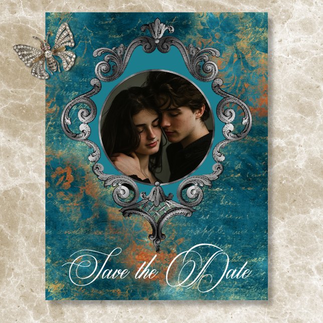 Gothic Antique Teal Guld Damask Photo Bröllop Spara Datumet (Gothic Antique Teal Gold Damask Wedding Save The Date Photo)