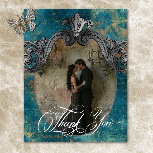 Gothic Antique Teal Guld Damask Photo Bröllop Tack Kort (Gothic Antique Teal Gold Damask Photo Wedding Thank You Card)