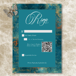 Gothic Antique Teal Guld Damask QR Code Bröllop OSA Kort