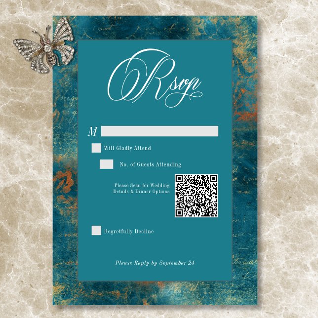 Gothic Antique Teal Guld Damask QR Code Bröllop OSA Kort (Gothic Antique Teal Gold Damask QR Code Wedding RSVP Card)
