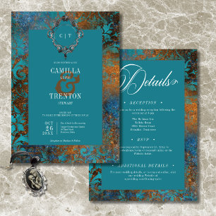Gothic Antique Teal Guld Damask Two Sided Bröllop Inbjudningar