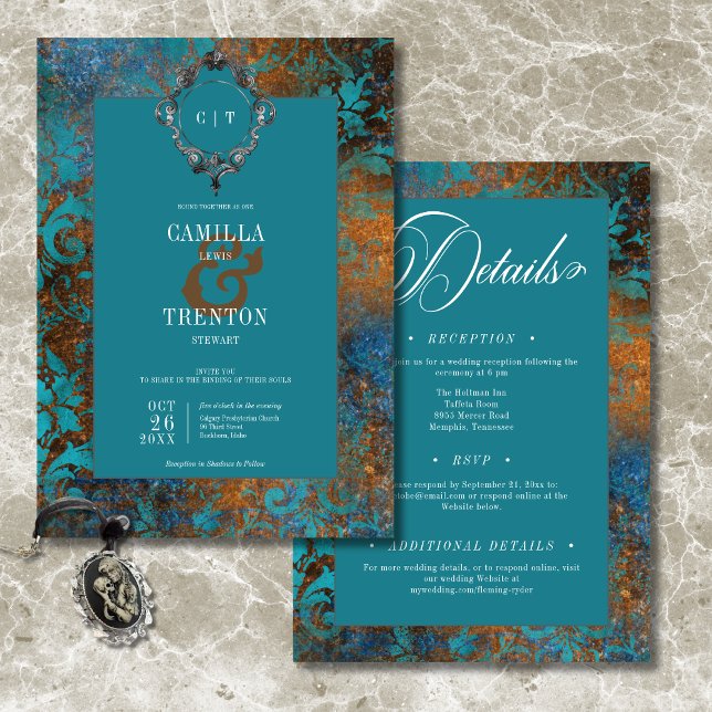 Gothic Antique Teal Guld Damask Two Sided Bröllop Inbjudningar (Gothic Antique Teal Gold Damask Two Sided Wedding Invitation)
