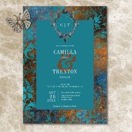 Gothic Antique Teal Guld Damask Wedding Inbjudningar