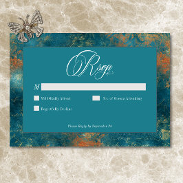Gothic Antique Teal Guld Damask Wedding OSA Kort