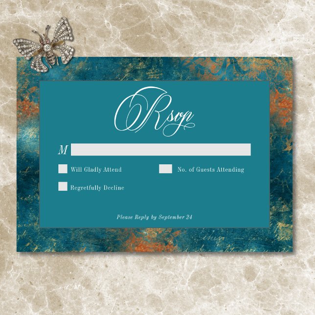 Gothic Antique Teal Guld Damask Wedding OSA Kort (Gothic Antique Teal Gold Damask Wedding RSVP Card)