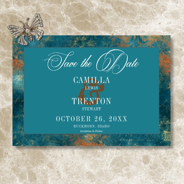 Gothic Antique Teal Guld Damask Wedding Spara Datumet (Gothic Antique Teal Gold Damask Wedding Save The Date)
