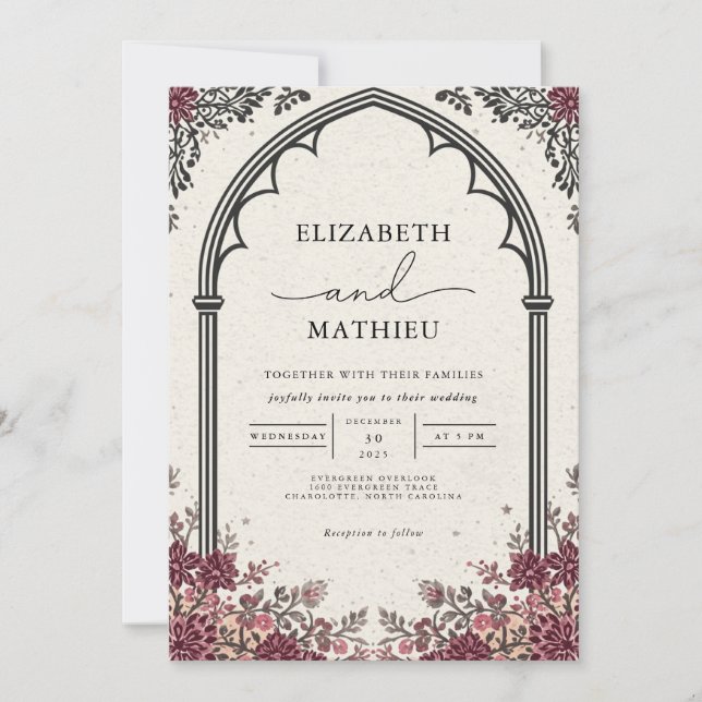 Gothic Arch Burgundy Blommigt Bröllop Inbjudningar (Framsida)