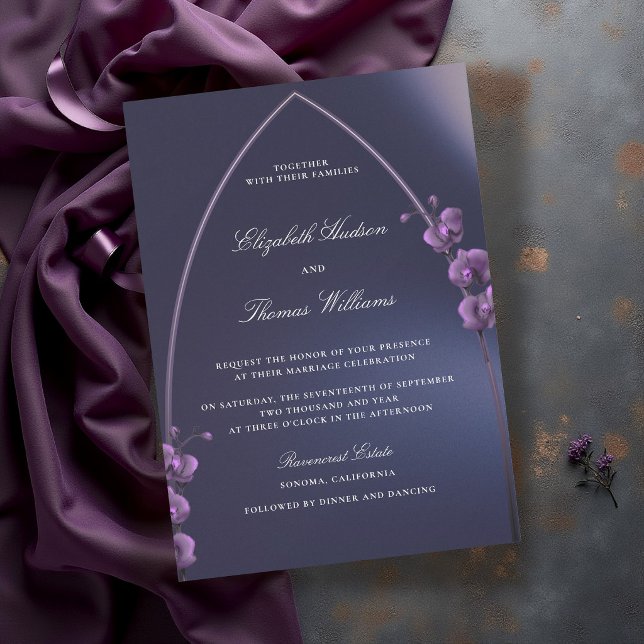 Gothic Arch Moody Blue Purple Orchids Bröllop Inbjudningar (gothic arch wedding invitation purple blue navy orchids minimalist modern classic elegant moody dark)