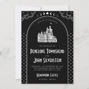 Gothic Art Deco Black White Castle Bröllop Inbjudningar