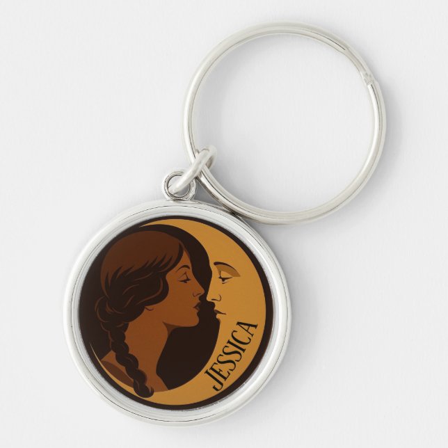 Gothic Art Deco Girl and Crescent Moon editable Rund Silverfärgad Nyckelring (Framsidan)