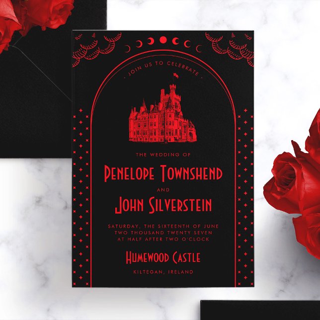 Gothic Art Deco Red Black Castle Bröllop Inbjudningar (Gothic Art Deco Red Black Castle Wedding Invitation)