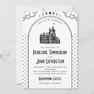 Gothic Art Deco Svart Vit Slott Bröllop Inbjudningar