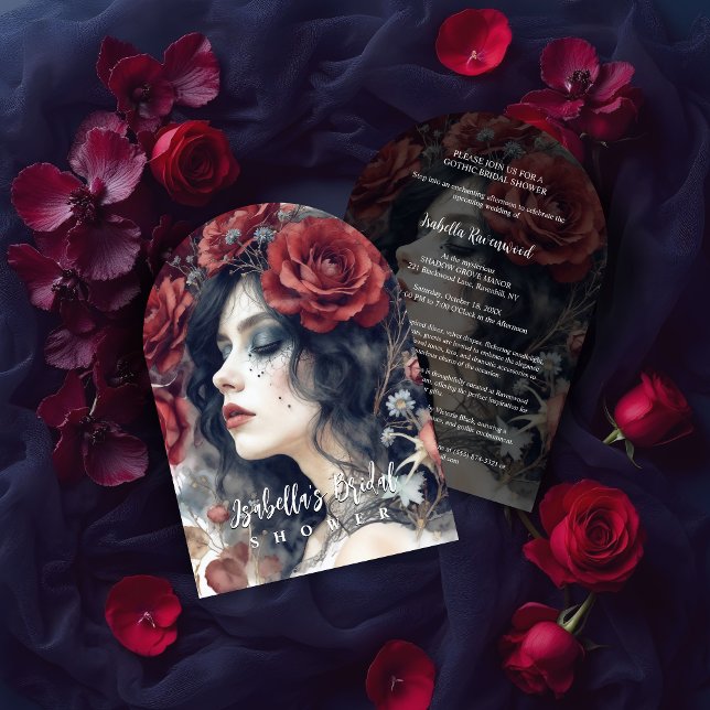 Gothic Attractive Girl Romantic Red Roses Bridal Inbjudningar (Sophisticated Gothic Attractive Girl Romantic Red Roses Bridal Shower Invitation Cards.)