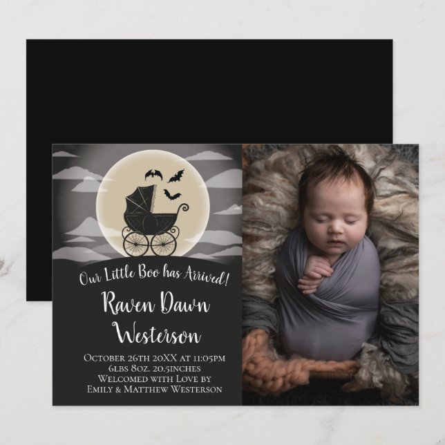 Gothic Baby Carriage Halloween Birth Annoucement Inbjudningar (Fram/baksida)