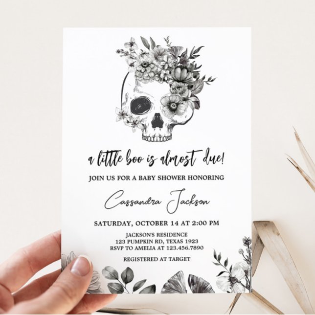 Gothic Baby Shower Inbjudningar (Black Floral Skull Baby Shower Invitation)