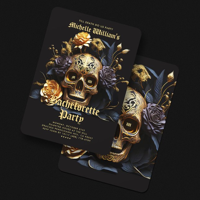 Gothic Bachelorette Party Black Guld Skull Ro Inbjudningar (Gothic Bachelorette Party Black Gold Skull Roses Invitation
)