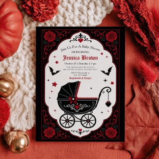 Gothic Barnvagn Röd & Svart Halloween Baby Shower Inbjudningar