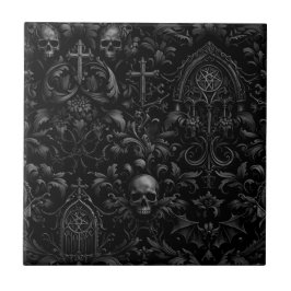 Gothic Baroque Skull Pattern in Black Kakelplatta