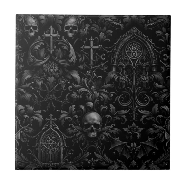 Gothic Baroque Skull Pattern in Black Kakelplatta (Framsidan)
