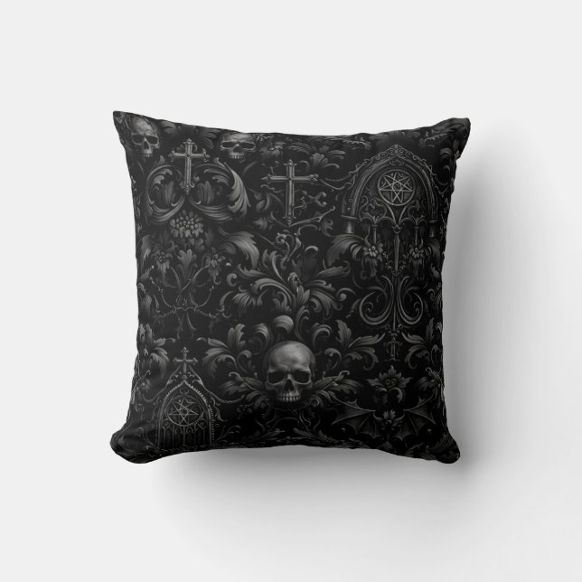 Gothic Baroque Skull Pattern in Black Kudde (Framsida)