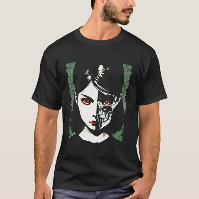 Gothic Beauty Halva Ansikte-Harna i halvskullig be T Shirt (Framsida)