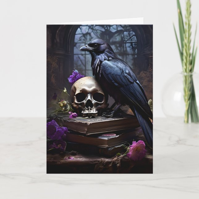 Gothic Beauty med Raven och Skull Helgkort (Framsida)