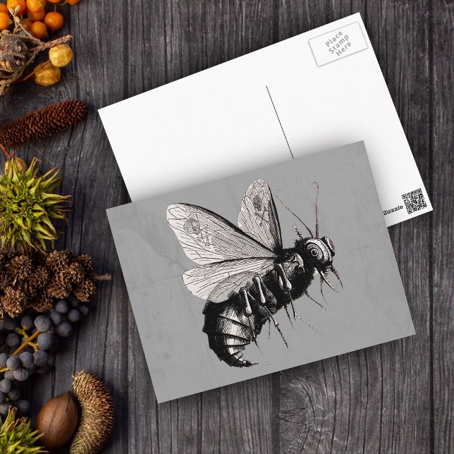 Gothic Bee Skull Vingar Vykort (Big Gothic black white bee skull crossbones on wings on grey postcard.)