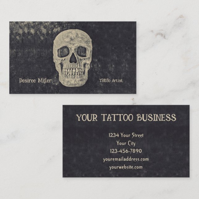 Gothic Beige Grått Skull Tatto Shop Visitkort (Fram/baksida)