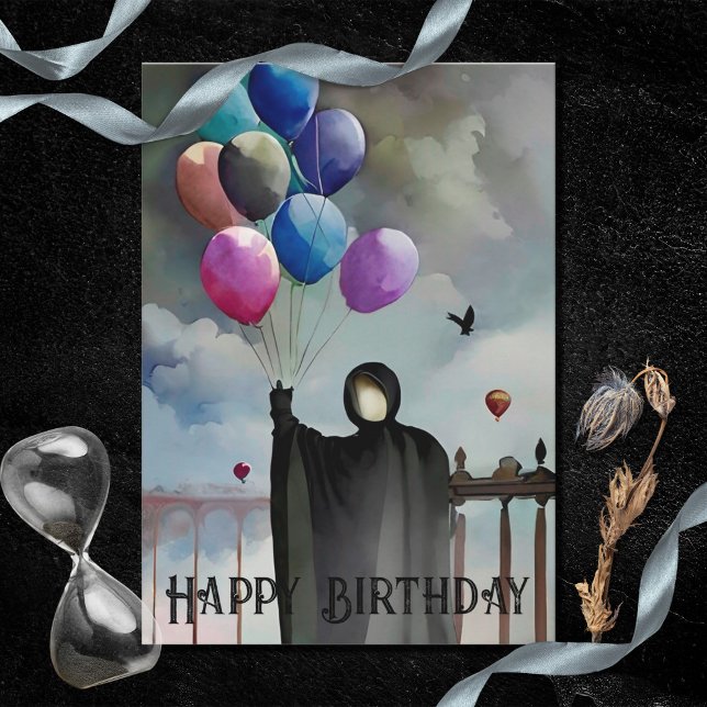 Gothic Birthday Balloys & Cloudy Himlar Black Cloa Kort (Skapare uppladdad)