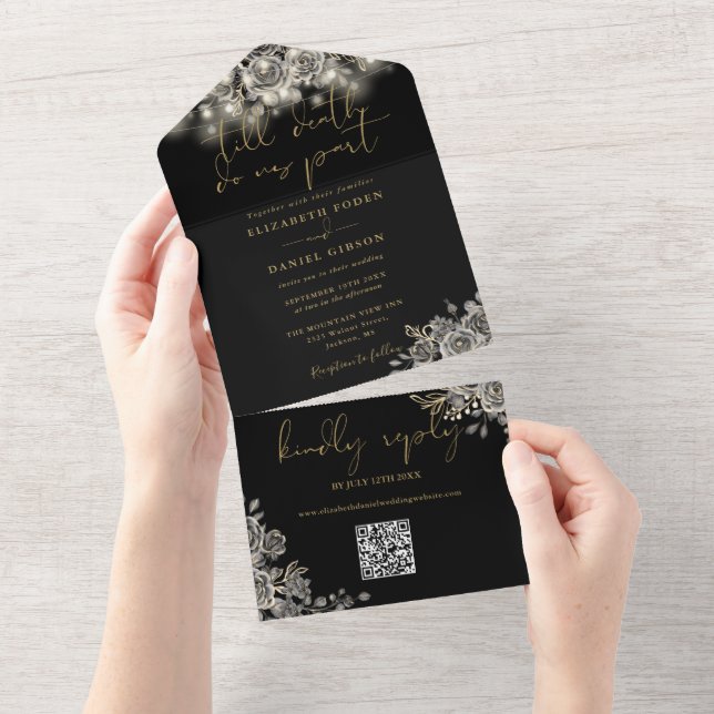 Gothic Black And Gold Roses Ljus QR-kod Bröllop (Tearaway)