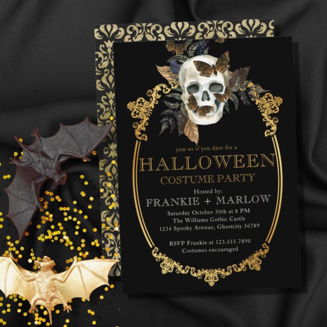 Gothic Black and Guld Skull Vuxen Halloween fest Inbjudningar (Skapare uppladdad)