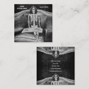 Gothic Black and White Skeleton Tatto Shop Fyrkantigt Visitkort