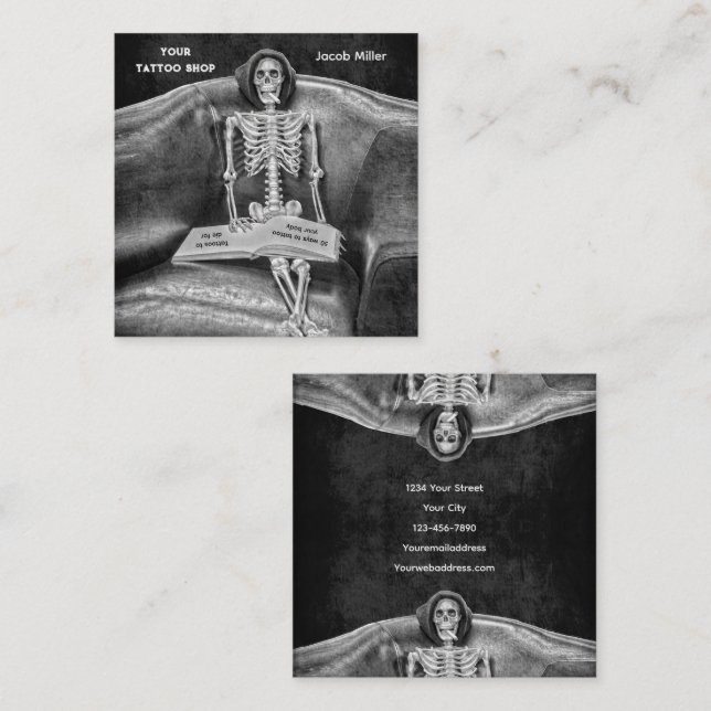Gothic Black and White Skeleton Tatto Shop Fyrkantigt Visitkort (Fram/baksida)