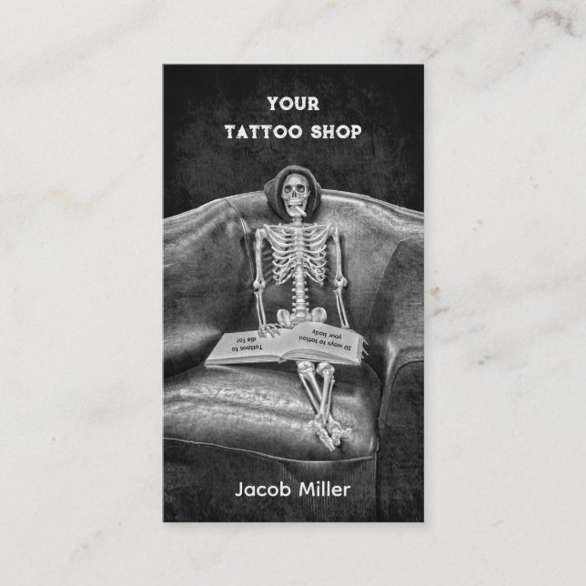 Gothic Black and White Skeleton Tatto Shop Visitkort (Framsida)