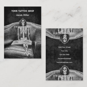 Gothic Black and White Skeleton Tatto Shop Visitkort