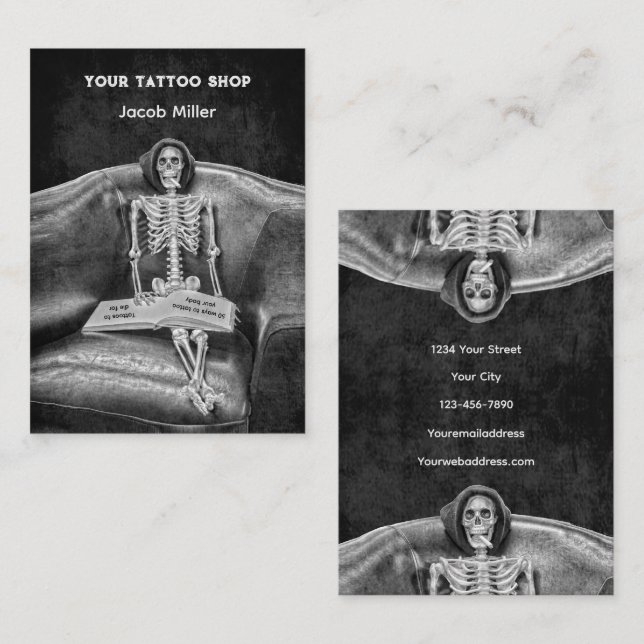 Gothic Black and White Skeleton Tatto Shop Visitkort (Fram/baksida)