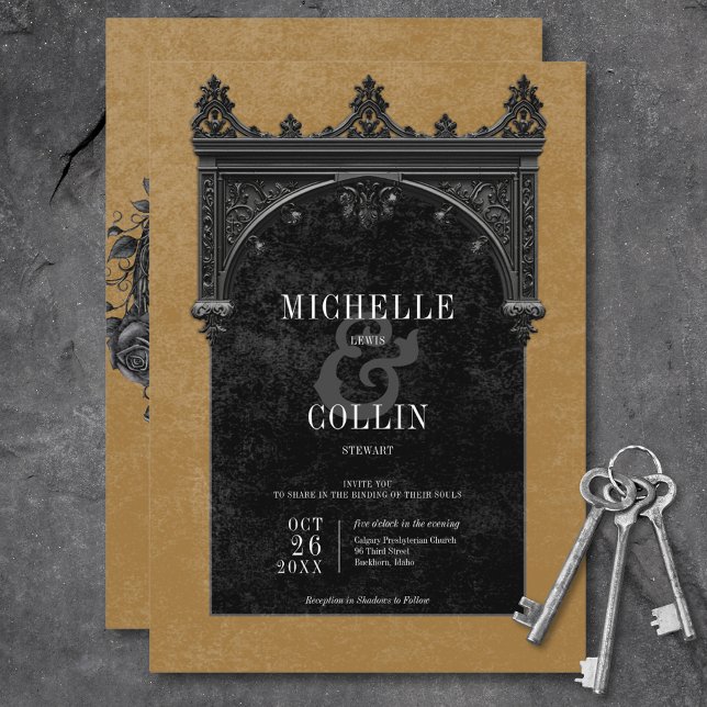 Gothic Black Arch & Black Ro Guld Bröllop Inbjudningar (Gothic Black Arch & Black Roses Gold Wedding Invitation)