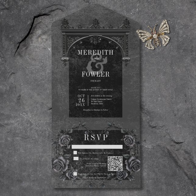 Gothic Black Arch & Black Ro QR-kod (Gothic Black Arch & Black Roses QR Code All In One Invitation)