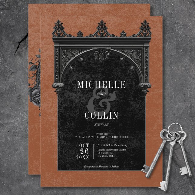 Gothic Black Arch & Black Ro Rust Bröllop Inbjudningar (Gothic Black Arch & Black Roses Rust Wedding Invitation
)