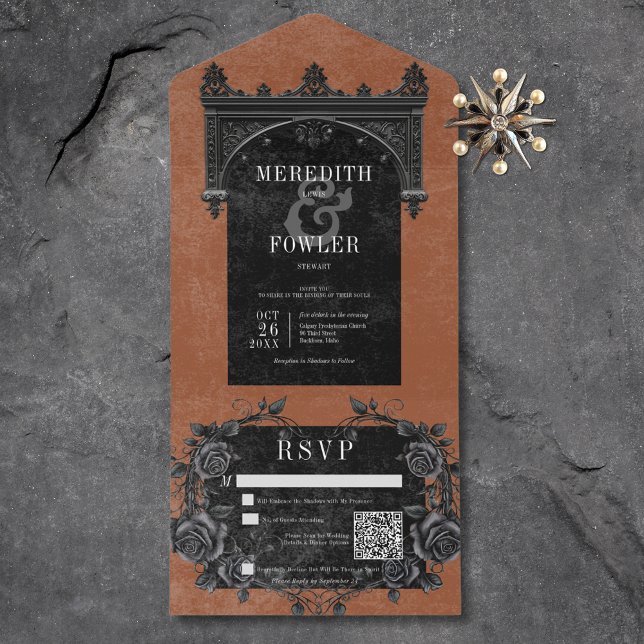 Gothic Black Arch & Black Ro Rust QR-kod (Gothic Black Arch & Black Roses Rust QR Code All In One Invitation)