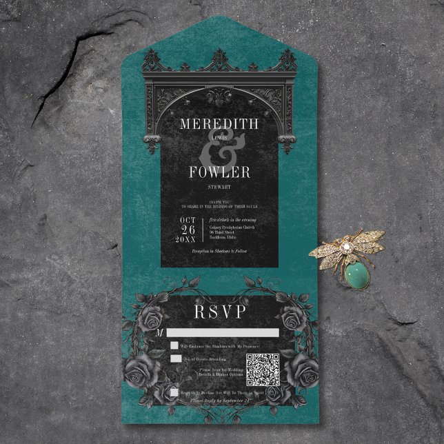 Gothic Black Arch & Black Ro Teal QR-kod (Gothic Black Arch & Black Roses Teal QR Code All In One Invitation)