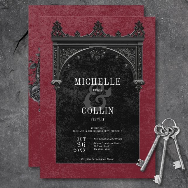 Gothic Black Arch & Black Ro Vin Bröllop Inbjudningar (Gothic Black Arch & Black Roses Wine Wedding Invitation)