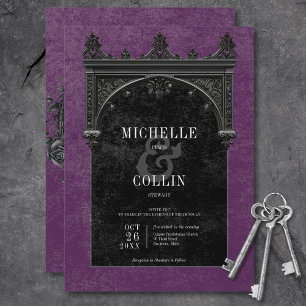 Gothic Black Arch & Black Roses Lila Bröllop Inbjudningar