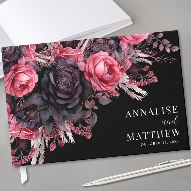 Gothic Black Blommigt Bröllop Gästböcker (Gothic Black Floral Wedding Guest Book)