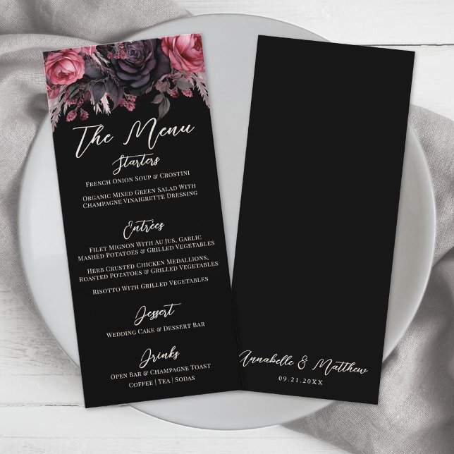 Gothic Black Blommigt Bröllop Meny (Gothic Black Floral Wedding Menu)