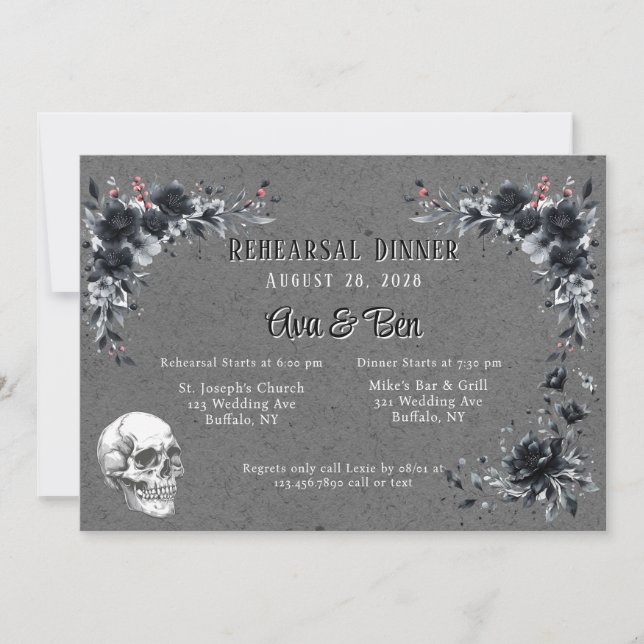Gothic Black Blommigt och Skull Rehearsal Dinner Inbjudningar (Framsida)