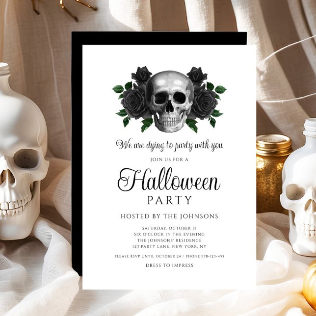 Gothic Black Blommigt Skull Halloween Inbjudningar (Gothic Black Floral Skull Halloween Invitation - digital download)
