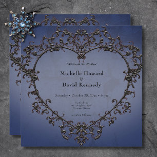 Gothic Black & Blue Filigree Heart Bröllop Inbjudningar