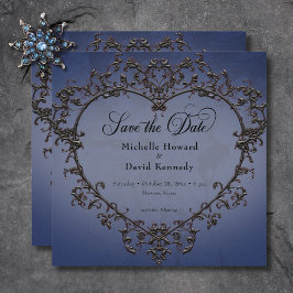Gothic Black & Blue Filigree Heart Bröllop Spara Datumet